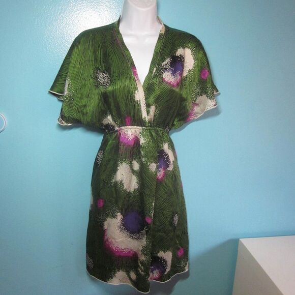 Hale Bob Anthropologie Womens Size S Green Floral Silk Pullover Kimono Dress  - Picture 11 of 13